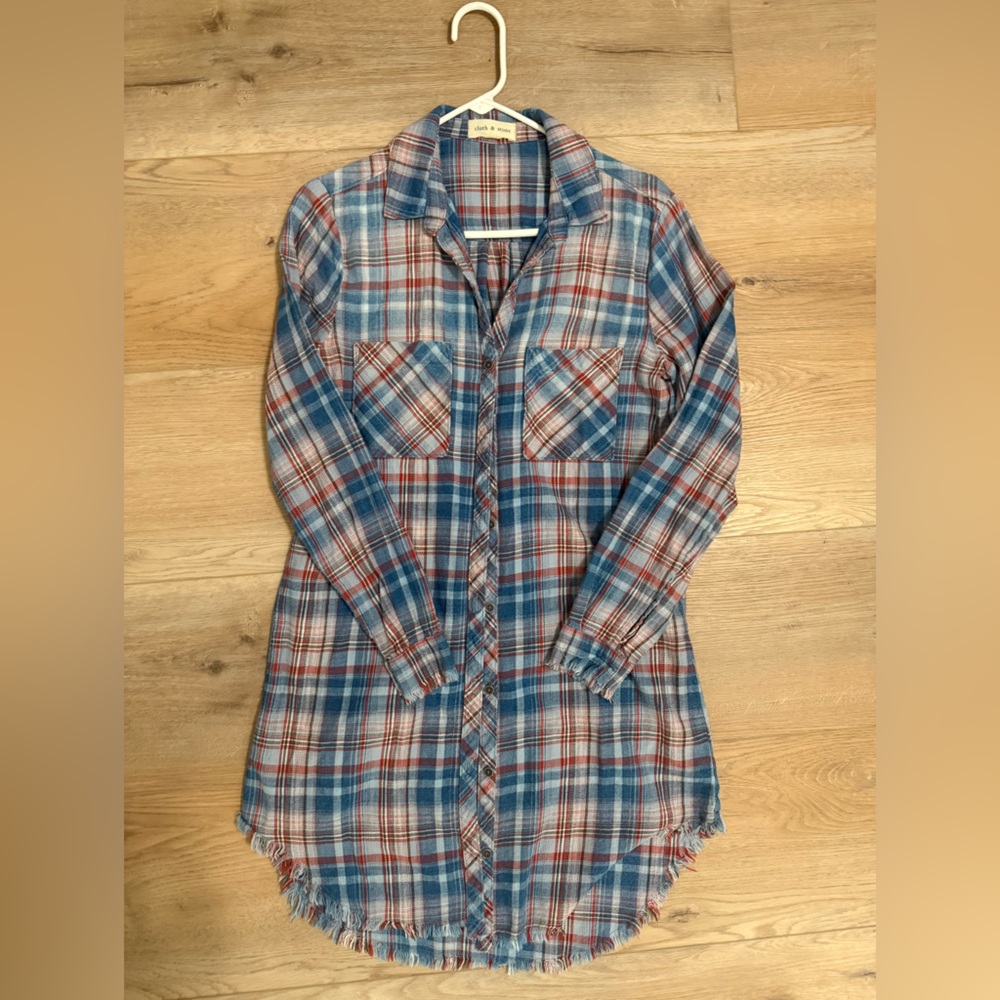 Cloth & Stone Blue and Red Plaid Long Sleeve Dress